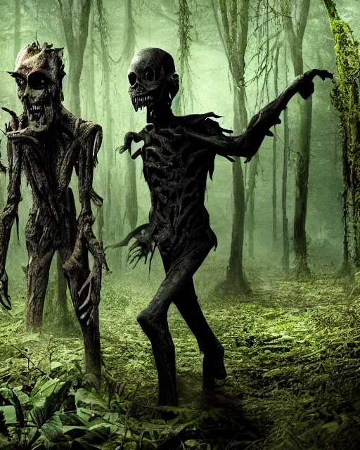 Image similar to a shady, undead man is walking towards a horrific monster in a densely overgrown, eerie jungle, fantasy, stopped in time, dreamlike light incidence, ultra realistic, award winning picture