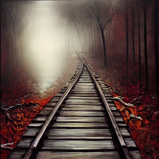 Image similar to ominous bedsheet ghost standing on train tracks in the forest, oil painting, brush strokes, gloomy foggy atmosphere, symmetrical, full body image, highly ornate intricate details,