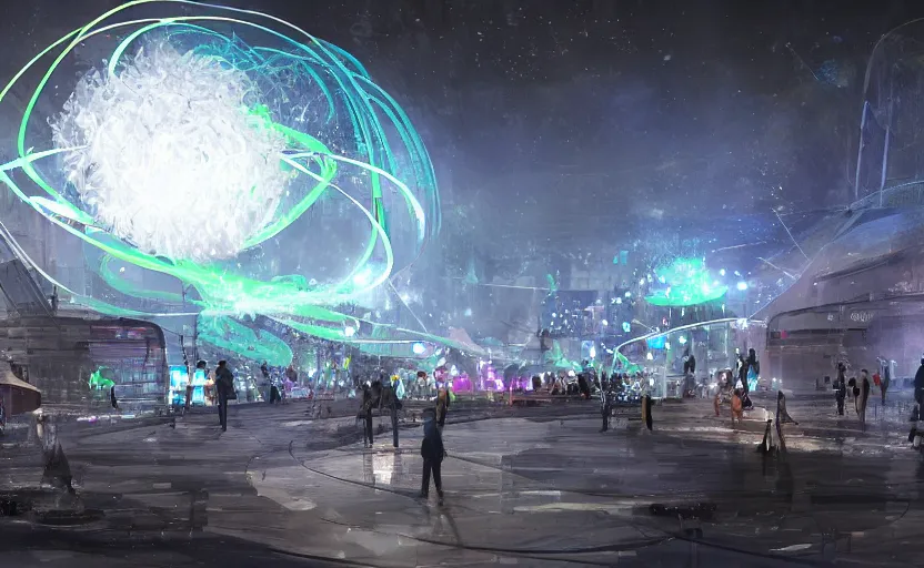 Prompt: pepople and a spiral - shaped white luminous attractor is floating in soviet city, concept art, art for the game, professional lighting, art