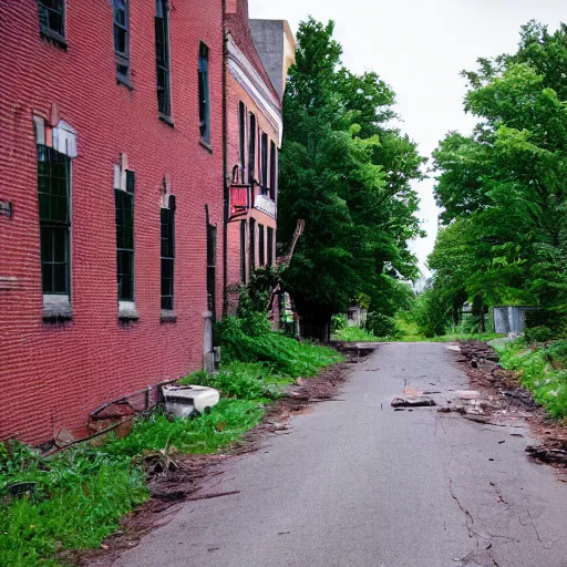 Image similar to main street in northampton, ma overgrown after 5 0 0 years since the apocalypse