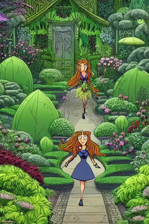 Prompt: intricate detailed Garden, Green Witch Walking her Garden, magical garden plant creatures, enchanted, life like plants, In The animation style of X-Men: The Animated Series, high detail, max upscale