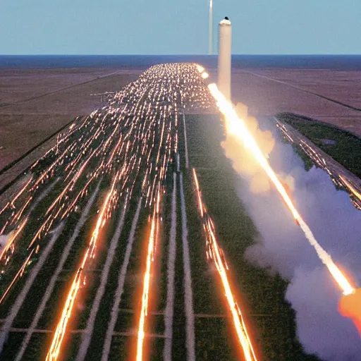 Prompt: hundreds of missiles launching from the american midwest, realistic, photograph by dod