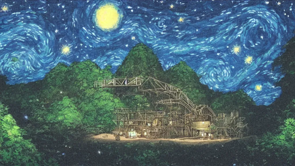 Image similar to a movie still from a studio ghibli film showing s a mine runoff storage facility in the rainforest on a misty and starry night. by studio ghibli