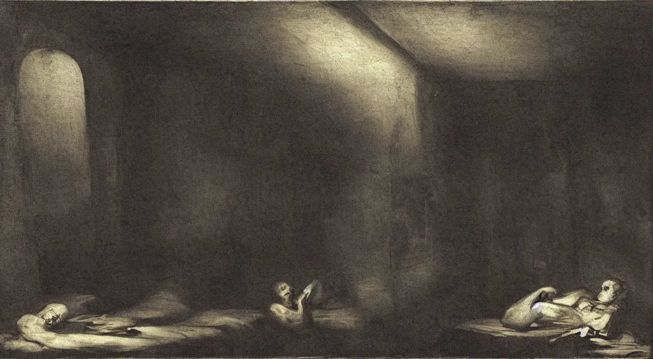 Image similar to a scary room in an abandoned hotel positioned in an old dark forest, night, scary, creepy, by Francisco de Goya