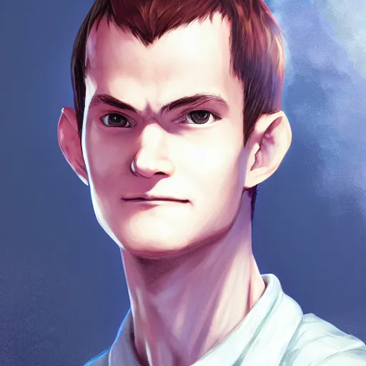 Prompt: An anime portrait of Vitalik Buterin, by Stanley Artgerm Lau, WLOP, Rossdraws, James Jean, Andrei Riabovitchev, Marc Simonetti, and Sakimichan, tranding on artstation