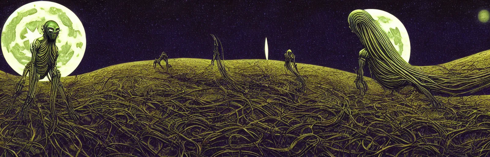 Prompt: long organic alien weird David cronenberg rocket train mountain starry moonlit night sky H.R. Giger, Charles Vess, Gilbert Williams amazing wide landscape digital art 4k