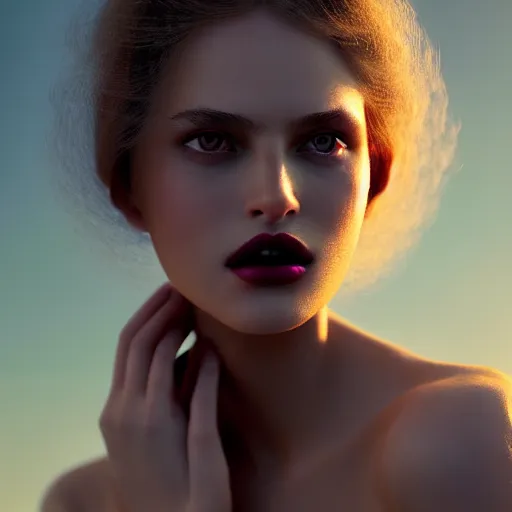 Image similar to photographic portrait of a stunningly beautiful high fashion alluring female in soft dreamy light at sunset, dark lips, contemporary fashion shoot, by edward robert hughes, x annie leibovitz and steve mccurry, david lazar, jimmy nelsson, breathtaking, 8 k resolution, extremely detailed, beautiful, establishing shot, artistic, hyperrealistic, beautiful face, octane render