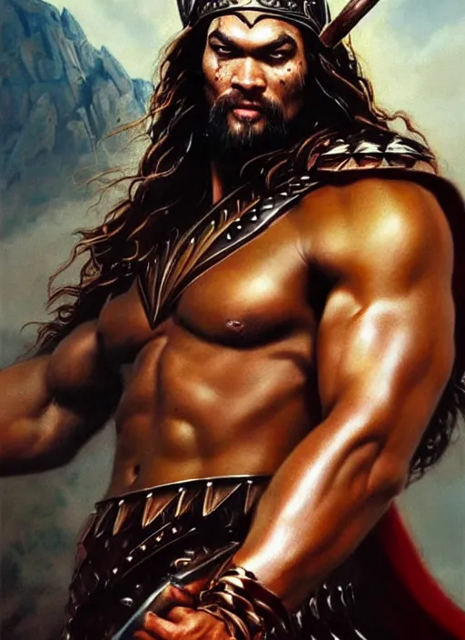 Image similar to beautiful portrait oil painting, jason momoa conan the barbarian thor standing on a rocky hill, wearing a warrior king crown and royal crimson fantasy ornate spartan dragon scale armor, wet skin and hair, muscular!!!, battle action pose, frank frazetta, boris vallejo, greg rutkowski, beautiful cinematic light, low angle, greg rutkowski, high contrast