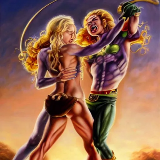 Image similar to An ultra realistic portrait painting of Gyro Zeppeli fighting Funny Valentine in the style of Frank Frazetta, 4k, Ultra realistic, Highly detailed, Dark fantasy, Epic lighting