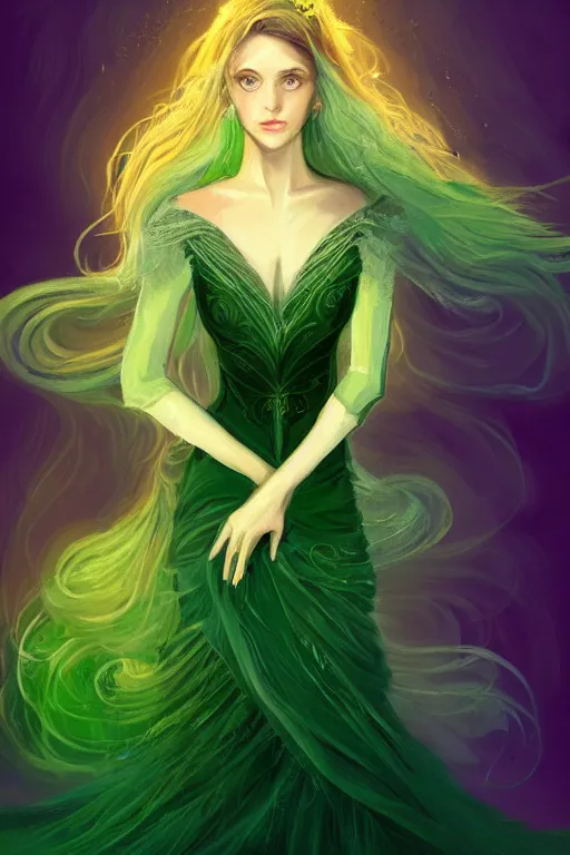 Image similar to a magic the gattering portrait illustration of a woman , fantasy, gradient black green gold, dreamy and ethereal, green eyes, golden ratio, peaceful expression, ornate frilly dress, fantasy, intricate, elegant, ghost, etearal, highly detailed, digital painting, artstation, concept art, smooth,b sharp focus, illustration, art by scott fisher AND artbreeder