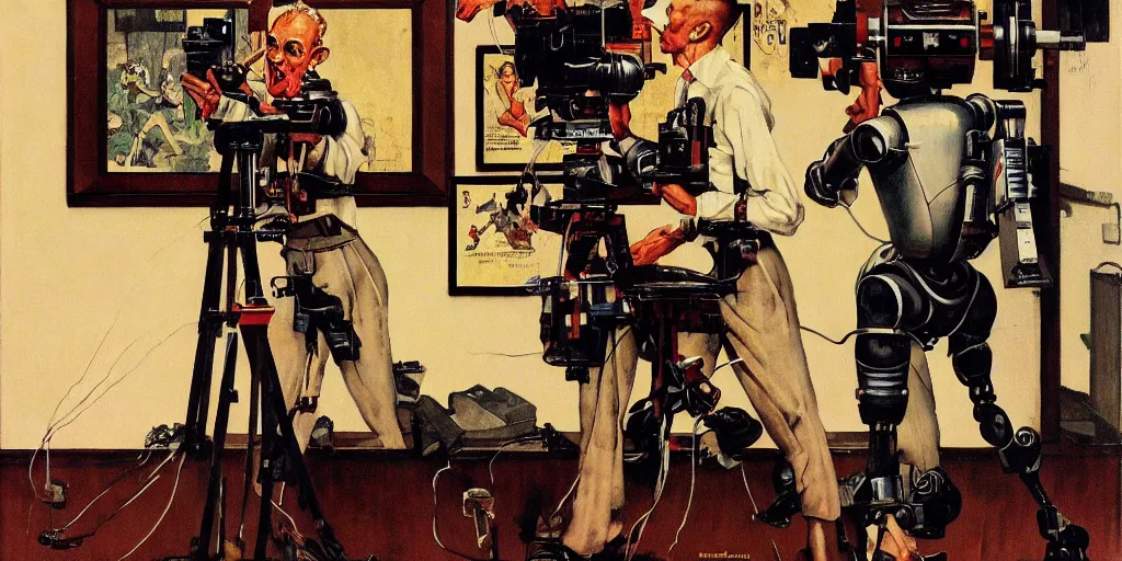 Prompt: a robot director shoots a scene with a camera pointed at two frightened human beings by Norman Rockwell, hyper detailled, trending on artstation