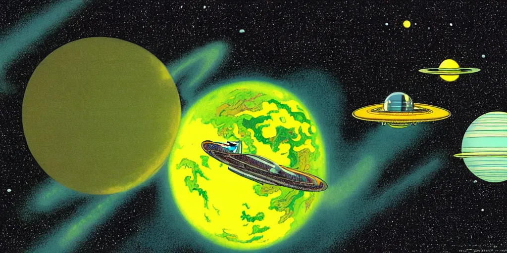 Prompt: A 1970s space station floating above a green and yellow planet in space, detailed illustration, Moebius