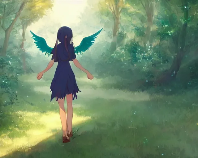 Image similar to a girl with two wings on her back in a forest. She has TWO wings on her back!!! Angel! Two blue wings!!By Makoto Shinkai, trending on ArtStation, digital art.