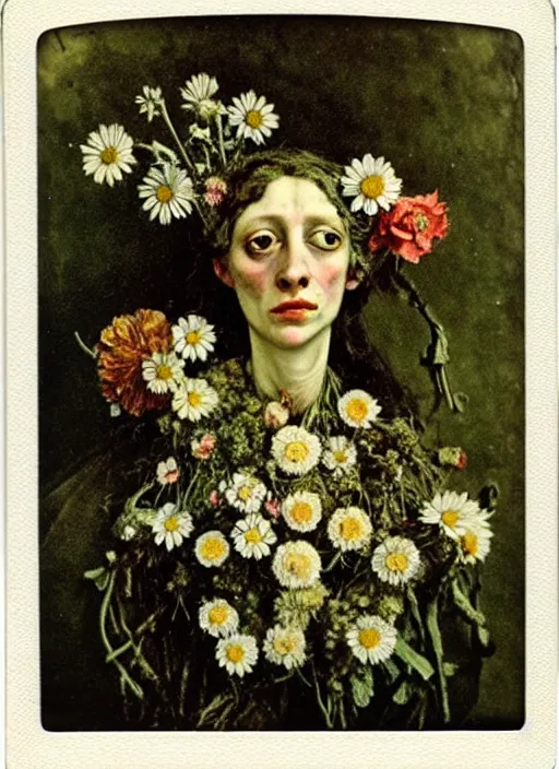 Image similar to beautiful and detailed rotten woman made of plants and many types of stylized flowers like carnation, daisy, chrysanthemum, anemone, roses and tulips, intricate, surreal, john constable, gustave courbet, caravaggio, romero ressendi, bruno walpoth 1 9 1 0 polaroid photo