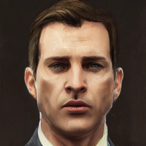Prompt: Portrait of a man by Greg Rutkowski, he is about 40 years old, mixture between russian and irish, side parted combover brown hair, attractive, NARROW sharp ANGULAR hawkish features, hooked nose , extremely pale white skin, smart looking, he is wearing a black futuristic lawyer outfit, highly detailed portrait, scifi, digital painting, artstation, concept art, smooth, sharp foccus ilustration, Artstation HQ