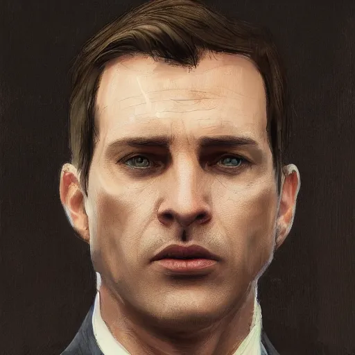 Image similar to Portrait of a man by Greg Rutkowski, he is about 40 years old, mixture between russian and irish, side parted combover brown hair, attractive, NARROW sharp ANGULAR hawkish features, hooked nose , extremely pale white skin, smart looking, he is wearing a black futuristic lawyer outfit, highly detailed portrait, scifi, digital painting, artstation, concept art, smooth, sharp foccus ilustration, Artstation HQ