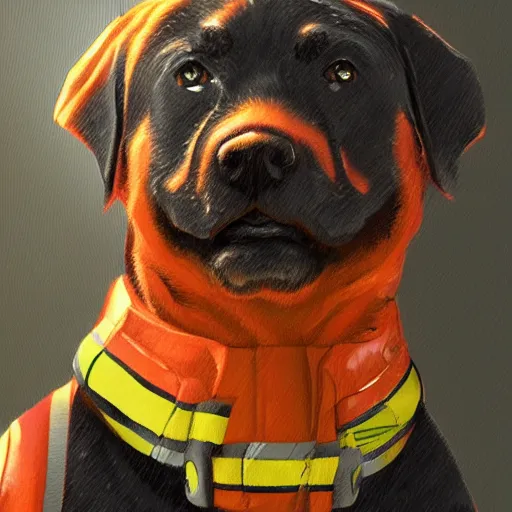 Image similar to Rottweiler Firefighter, artstation, award winning masterpiece, very detailed,