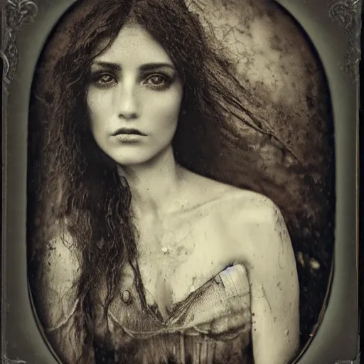 Image similar to old wetplate daguerreotype portrait of a beautiful woman, 3 0 years old, fractal, intricate, elegant, highly detailed, parallax, leica, subsurface scattering, by luis royo and greg rutkowski