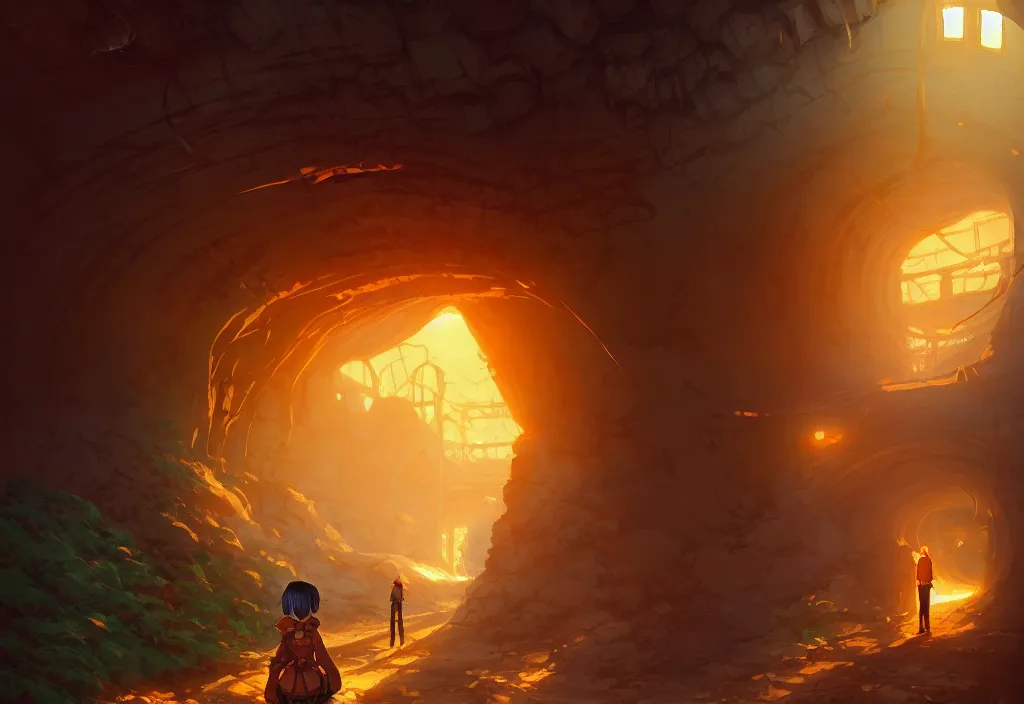 Image similar to underground mine tunnel, golden hour, intricate oil painting, high detail illustration, sharp high detail, manga and anime 1 9 9 9, official fanart behance hd artstation by jesper ejsing and makoto shinkai, 4 k,