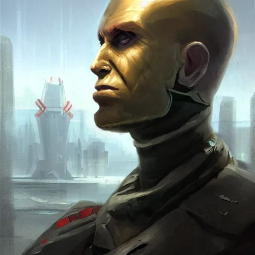 Image similar to pale, rubbery mutant with determined expression, sharp features, moist skin and wide black eyes wearing fascist Napoleonic Tang Dynasty police uniform standing on cyberpunk docks, science fiction concept art by Greg Rutkowski and Anato Finnstark