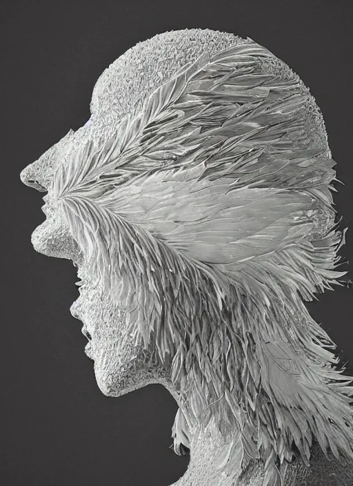 Image similar to a woman's face in profile, made of elaborate swan feathers, in the style of the Dutch masters and Gregory Crewdson, dark and moody