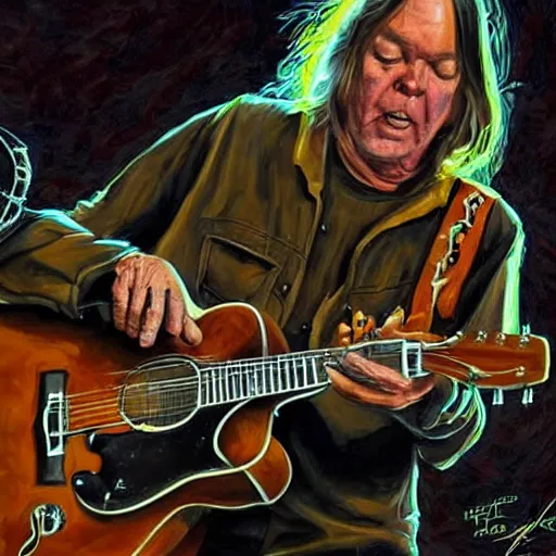 Image similar to neil young shredding during a live performance, happy, smile, digital art, highly detailed, trending on art station