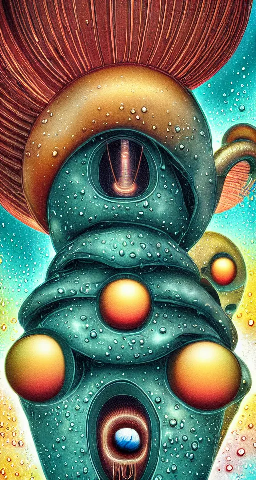 Image similar to art deco close up portait of mushroom head with big mouth surrounded by spheres, rain like a dream digital painting curvalinear clothing cinematic dramatic fluid lines otherworldly vaporwave interesting details epic composition by artgerm basquiat