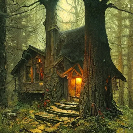 Image similar to witch cottage in the forest, art by norman rockwell and donato giancola and greg rutkowski, vintage scifi art, moody lighting, volumetric lighting