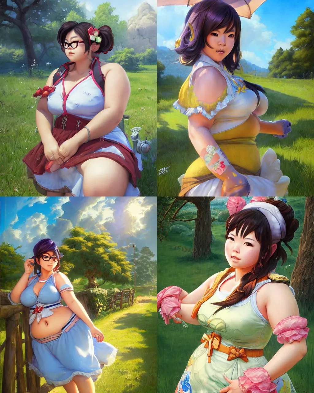 Prompt: portrait, mei from overwatch wearing a beautiful summer dress in the countryside, by greg staples and jeff easley, chubby plump, beautiful scene, hyperrealistic, intricate, summer day, sunlight, cheerful, soft lighting, detailed