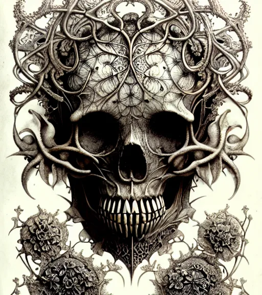 Image similar to art forms of nature by ernst haeckel, memento mori by arthur rackham, ornate antique porcelain beautiful skull mask, ultrasharp, photorealistic, hyperdetailed, octane render, polished, art nouveau, neo - gothic, gothic, intricate ornamental organic filigree, art nouveau botanicals, art forms of nature by ernst haeckel, horizontal symmetry, symbolist, visionary