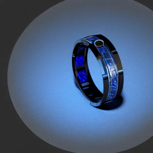 Prompt: A ring with a deep blue sapphire and hyper detailed engraving on the platinum band, mens jewellery, V-ray, 8k, Octane Render, Unreal engine, Studio lighting, Black backdrop