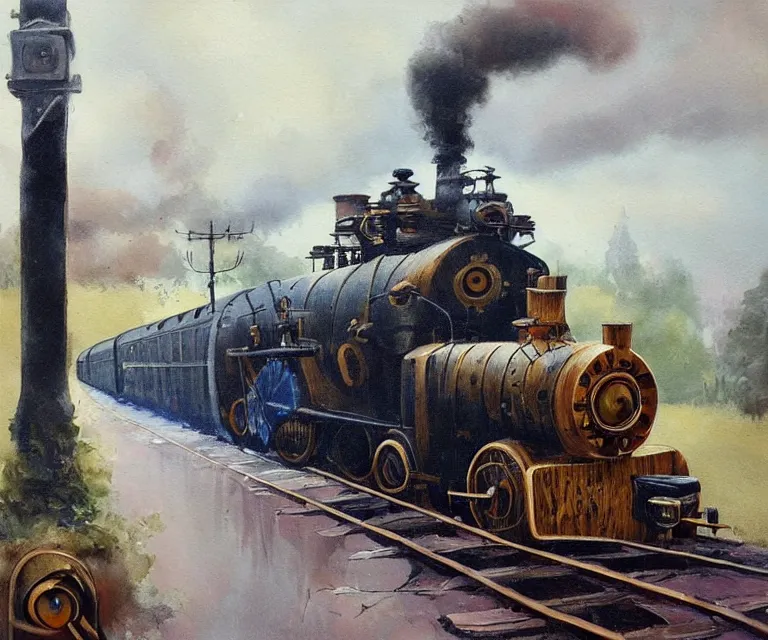 Image similar to steampunk train, 1 9 2 0 s, wet painting