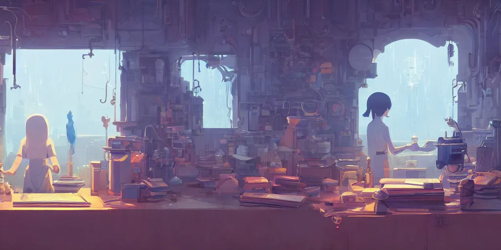 Image similar to god's workshop, detailed, potions, scrolls, arcane books, different organs of the human body, mechanisms for building bionic robots, james gilleard, atey ghailan, makoto shinkai, goro fujita, studio ghibli, rim light, exquisite lighting, clear focus, very consistent, plain background, soft painting