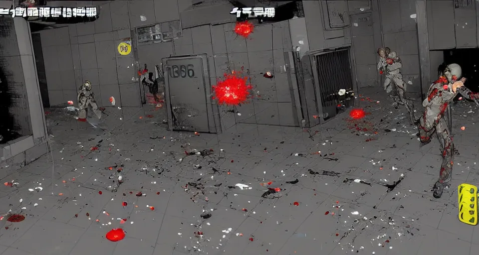 Prompt: 1995 Video Game screenshot for Akira style Anime Neo-tokyo Cyborg bank robbers vs police, Set inside of the Bank, Open Bank Vault, Multiplayer set-piece Ambush, Tactical Squads :10, Police officers under heavy fire, Suppressive fire, Pinned down, Destructible Enviorments, Gunshots, Bullet Holes and Anime Blood Splatter, :10 Gas Grenades, Riot Shields, MP5, AK45, MP7, P90, Chaos, Anime Machine Gun Fire, Gunplay, Shootout, :14 FLCL + Gunblade NY + Dynamite Cop, Cel Shaded:15, Created by Katsuhiro Otomo + Studio Gainax: 20