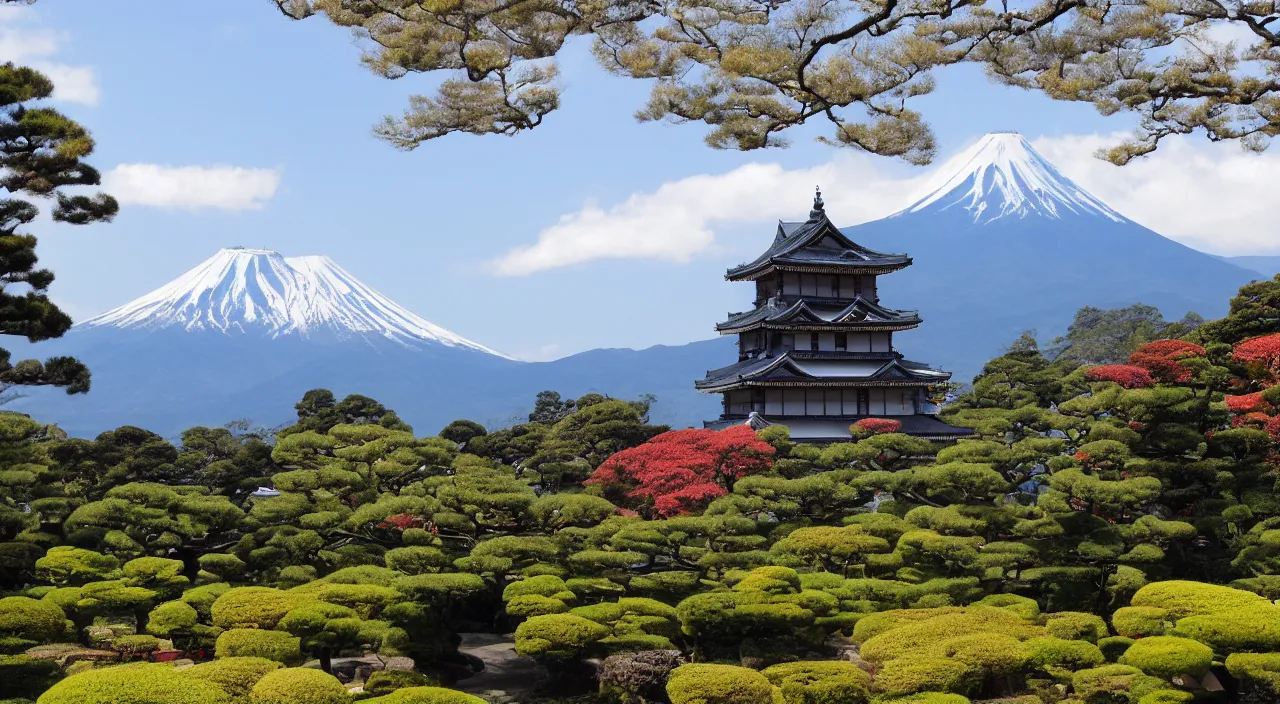 Image similar to a Japanese castle, with a garden as foreground, with mountains as background