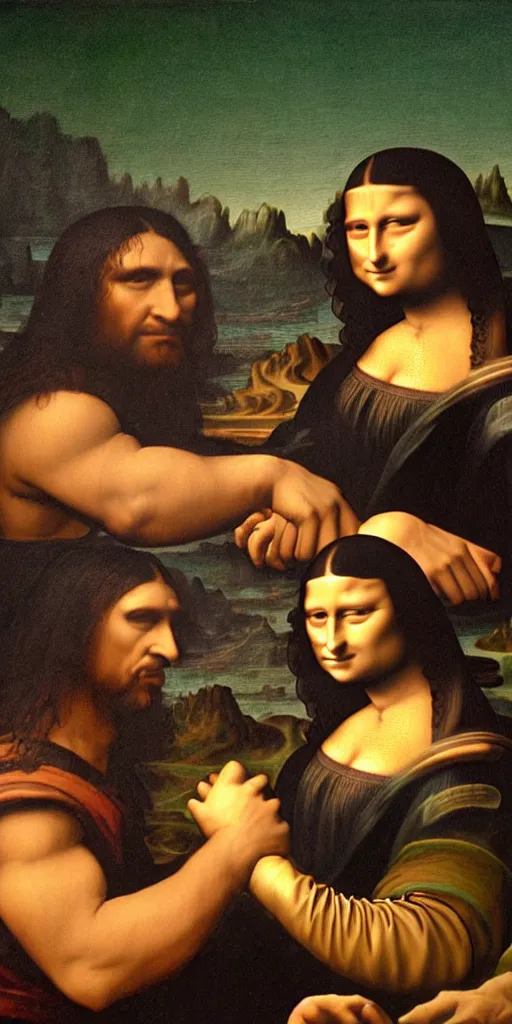 Image similar to mona lisa arm wrestling the Hulk . Leonardo da vinci . oil painting .