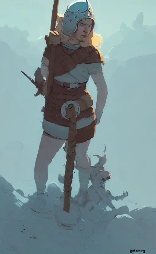 Image similar to female viking by atey ghailan, by greg rutkowski, by simon stalenhag, by greg tocchini, by james gilleard, by joe fenton, by kaethe butcher dynamic lighting, gradient light blue, brown, blonde cream and white color scheme, grunge aesthetic