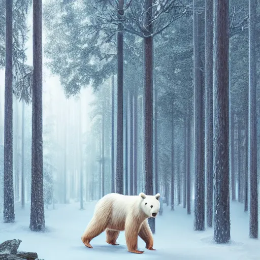 Prompt: A portrait of a white bear in a snowy forest, intricate abstract. intricate artwork. by Tooth Wu, wlop, beeple, dan mumford. octane render, trending on artstation, greg rutkowski very coherent symmetrical artwork. cinematic, hyper realism, high detail, octane render, 8k, iridescent accents