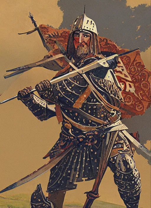 Image similar to character art illustration of a medieval Byzantine infantry warrior by Angus McBride.