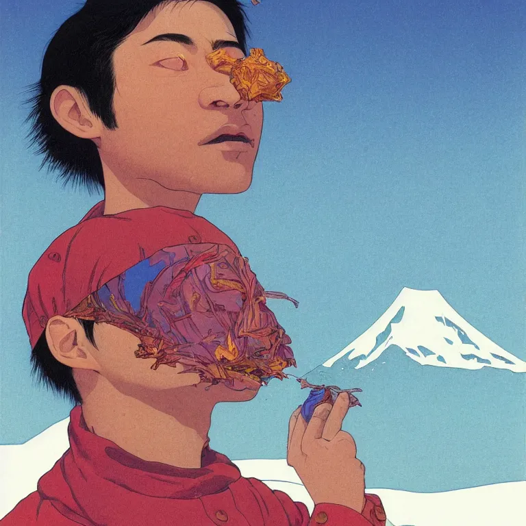 Prompt: a closeup portrait of a young siberian man eating a blotter paper of LSD acid and dreaming psychedelic hallucinations in the vast icy landscape of Antarctica, by kawase hasui, moebius and Edward Hopper, colorful flat surreal design, hd, 8k, artstation