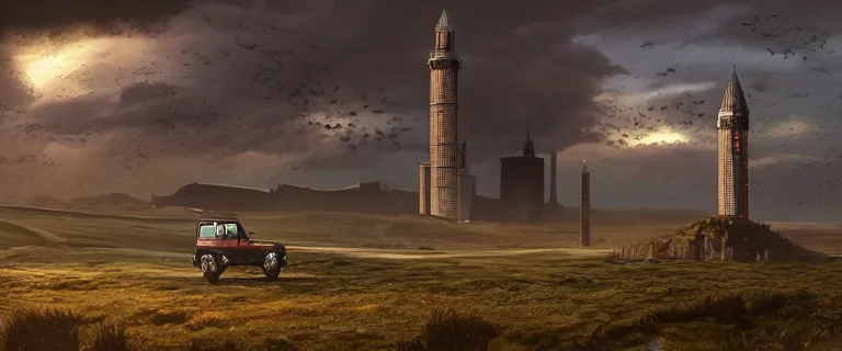 Prompt: Land Rover Defender 110 (1985), an epic fantasy, dramatic lighting, cinematic, establishing shot, extremely high detail, photorealistic, cinematic lighting, artstation, by simon stalenhag, The Elder Scrolls IV: Oblivion, Green Cyrodiil plains, Imperial City with the Adamantine Tower in the middle in the distance, Adamantine Tower in the distance, at day