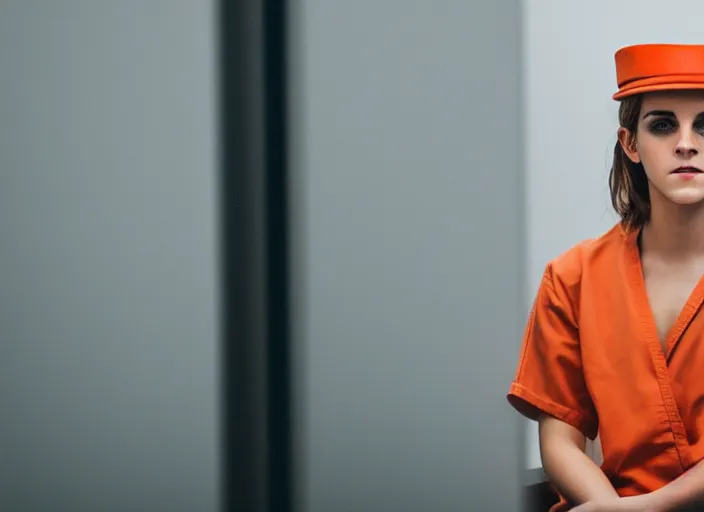 Image similar to photo of emma watson sitting in a jail cell wearing an orange jumpsuit and a red hat, defocused bars in the foreground, 8 k, 8 5 mm f 1. 8