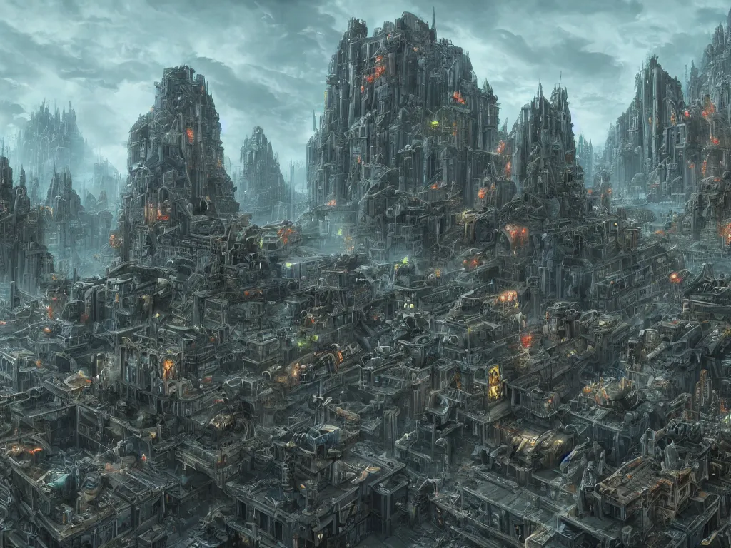 Prompt: A matte painting of a warhammer 40k hive city,featured on ArtStation, realistic colors,Super wide angle,viewed from afar,Geometrically realistic