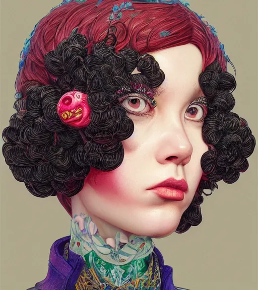 Image similar to beautiful girl, short black curly hair, round face : : by martine johanna and simon stalenhag and chie yoshii and casey weldon and guillermo del toro : : ornate, dynamic, particulate, rich colors, intricate, elegant, highly detailed, centered, artstation, smooth, sharp focus, octane render, 3 d