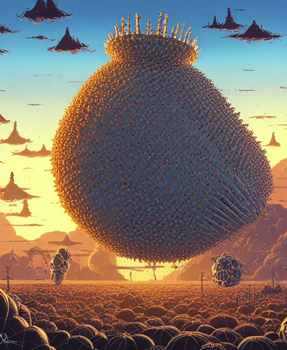 Image similar to inflated cathedral made from obese urchin mollusks, in the style of a puffy spaceship, skeletons, bones, partly cloudy, spooky, dramatic lighting, by geof darrow, bill sienkiewicz, dan mumford, yusuke murata, makoto shinkai, ross tran, cinematic, unreal engine, cel shaded, featured on artstation, pixiv