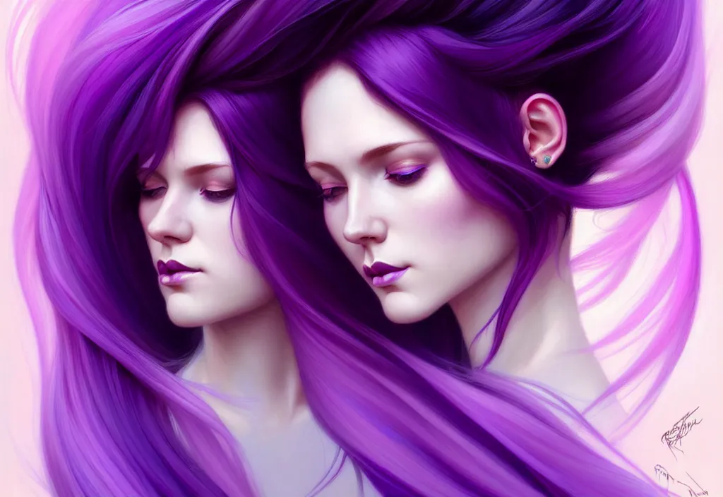 Image similar to Purple hair relistic Portrait of a two woman with bright colored flying hair, all shades of purple. Beauty face, Hair coloring, fantasy, intricate, elegant, highly detailed, digital painting, artstation, concept art, smooth, sharp focus, illustration, art by artgerm and greg rutkowski and alphonse mucha