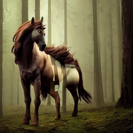 Image similar to centaur consisting of a horse and a human, featured on artstation, photograph captured in a dark forest