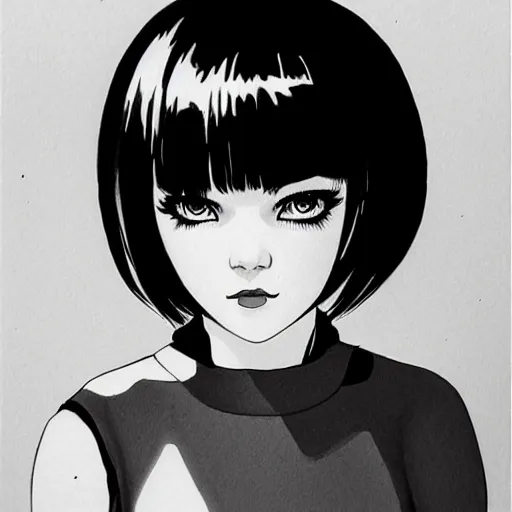 Image similar to an ink drawing of a tech punk girl by ilya kuvshinov, black and white