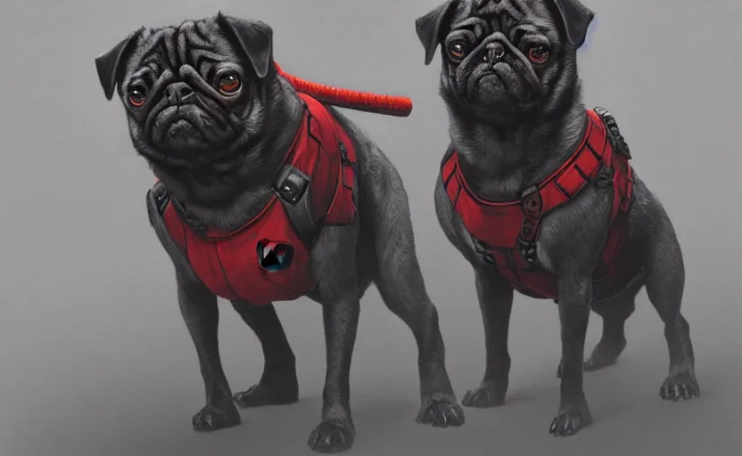 Prompt: a pug dog dressed as deadpool, standing, soft grey and blue natural light, intricate, digital painting, artstation, concept art, smooth, sharp focus, illustration, art by greg rutkowski and luis rollo and uang guangjian and gil elvgren, symmetry!