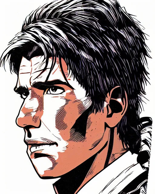 Image similar to Digital color pen drawing of young Harrison Ford from JoJo\'s Bizzare Adventure, highly detailed, sharp focus, screentone shading, 1990 manga panel, trending on ArtStation, manga cover art drawn by Hirohiko Araki